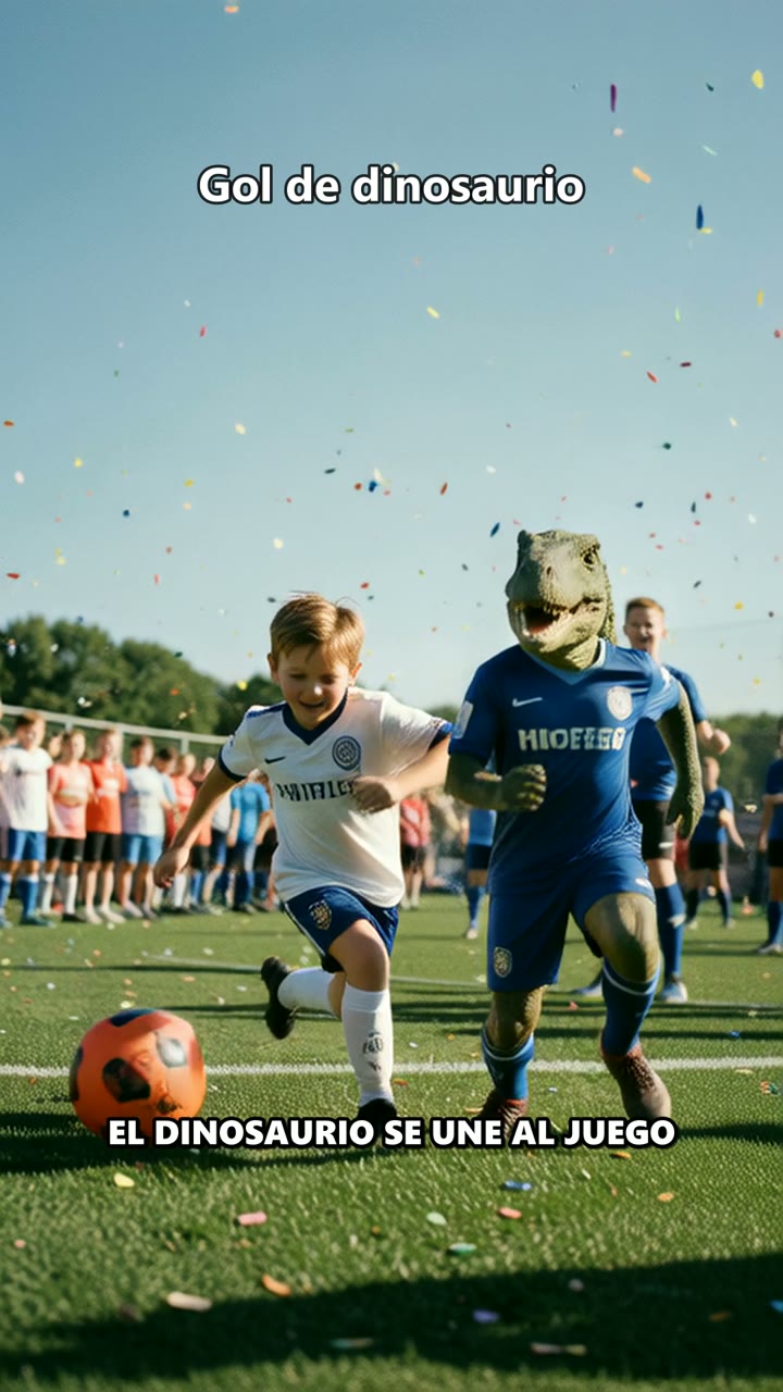 Felicitación: Hugo juega al fútbol con un dinosaurio